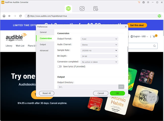 adjust output format of audible to flac
