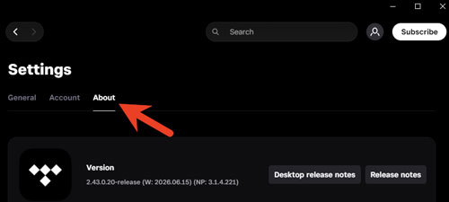 check tidal versions in tidal app settings