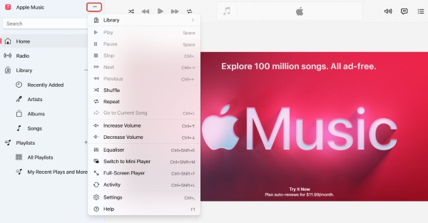 navigate apple music equalizer on apple music windows app