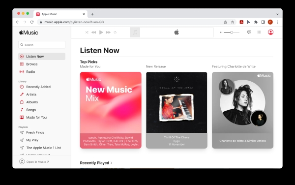 main interface of web player for apple music