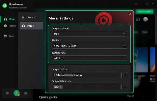choose an output format in noteburner youtube music converter