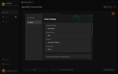 alter spotify music settings on audifab spotify music converter