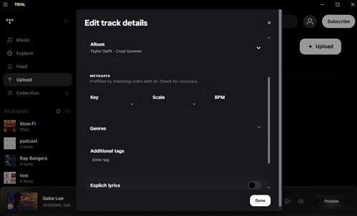edit tidal uploaded tracks details