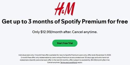 spotify premium free trial 3 months via hm