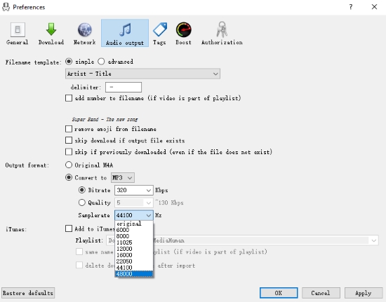 set output format of youtube music in mediahuman