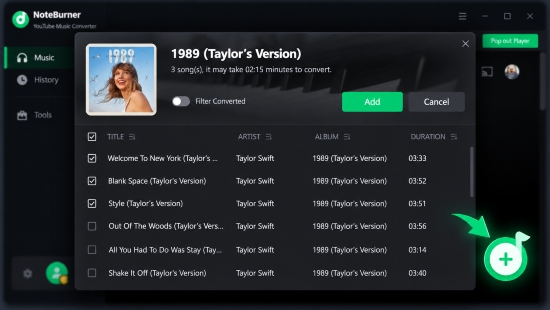 add songs or playlists in noteburner youtube music converter