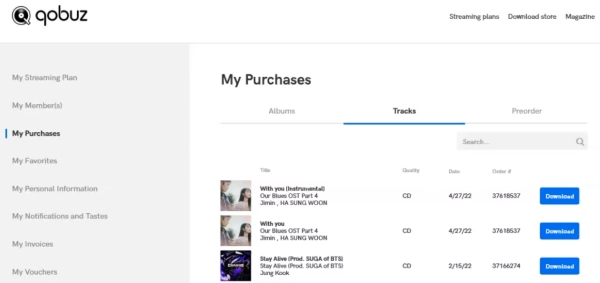 navigate to qobuz purchased tracks