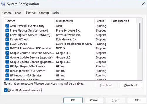 services in windows system configuration