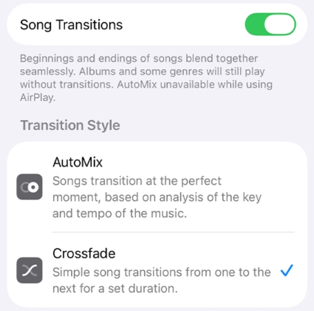 automix on apple music via iphone setting app