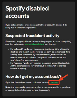 spotify disabled accounts page