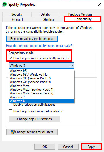 turn off compatibility mode for spotify on windows