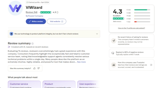 user review about viwizard on trustpilot