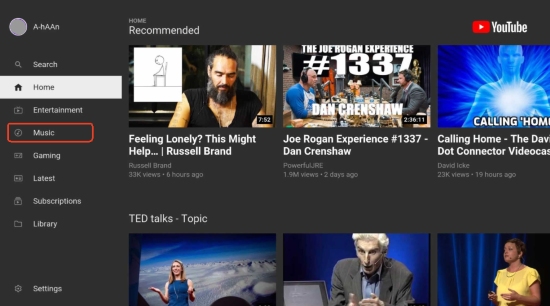 locate music section of youtube app on samsung tv